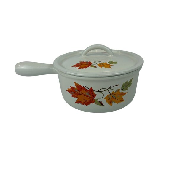 Vintage Descoware Belgium White Enamelware Saucepan With Lid Autumn Leaf Design - Picture 3 of 10